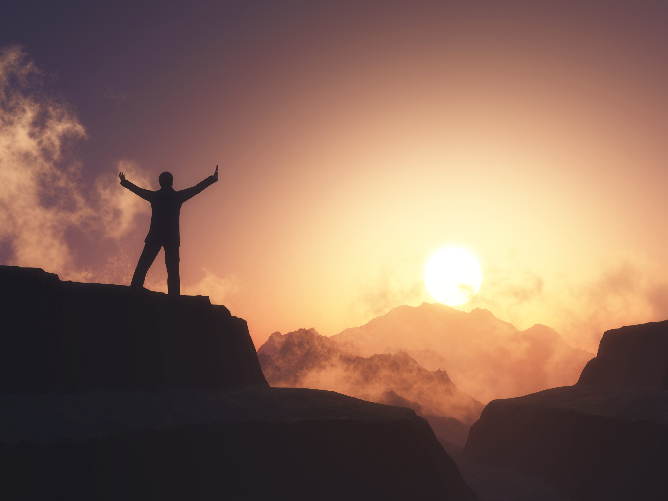 3d male figure with arms raised stood on mountain against sunset